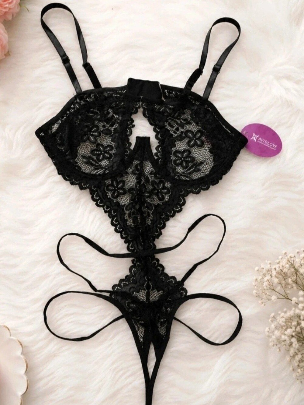 Black Lace Strappy Cutout Teddy Bodysuit - Women's Intimates